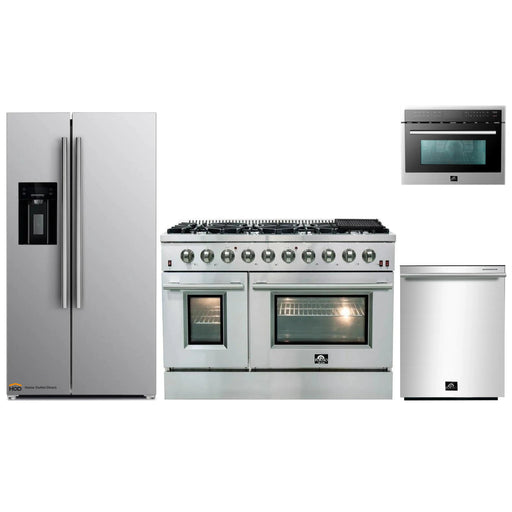 Forno 4-Piece Appliance Package - 48-Inch Gas Range, Refrigerator with Water Dispenser, Microwave Oven, & 3-Rack Dishwasher in Stainless Steel FORNO