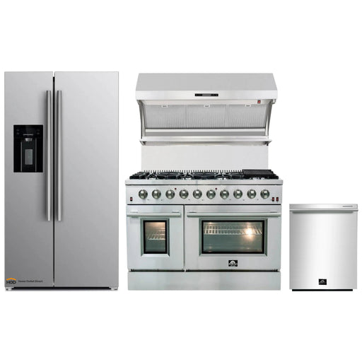 Forno 4-Piece Appliance Package - 48-Inch Gas Range, Refrigerator with Water Dispenser, Wall Mount Hood with Backsplash, & 3-Rack Dishwasher in Stainless Steel FORNO