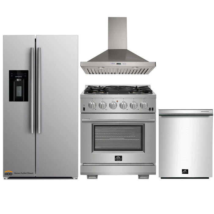 Forno 4-Piece Pro Appliance Package - 30-Inch Gas Range, Refrigerator with Water Dispenser, Wall Mount Hood, & 3-Rack Dishwasher in Stainless Steel FORNO