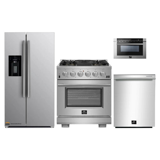 Forno 4-Piece Pro Appliance Package - 30-Inch Gas Range, Refrigerator with Water Dispenser, Microwave Drawer, & 3-Rack Dishwasher in Stainless Steel FORNO