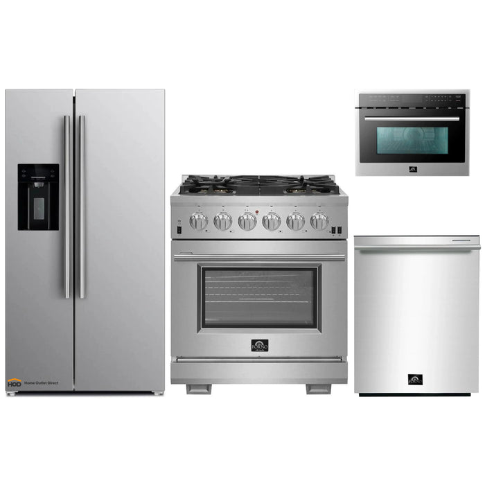 Forno 4-Piece Pro Appliance Package - 30-Inch Gas Range, Refrigerator with Water Dispenser, Microwave Oven, & 3-Rack Dishwasher in Stainless Steel FORNO