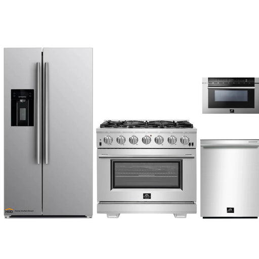 Forno 4-Piece Pro Appliance Package - 36-Inch Gas Range, Refrigerator with Water Dispenser, Microwave Drawer, & 3-Rack Dishwasher in Stainless Steel FORNO
