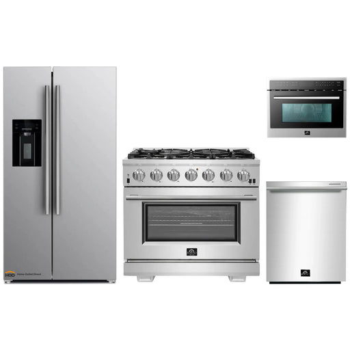 Forno 4-Piece Pro Appliance Package - 36-Inch Gas Range, Refrigerator with Water Dispenser, Microwave Oven, & 3-Rack Dishwasher in Stainless Steel FORNO