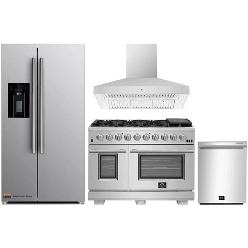 Forno 4-Piece Pro Appliance Package - 48-Inch Gas Range, Refrigerator with Water Dispenser, Wall Mount Hood, & 3-Rack Dishwasher in Stainless Steel FORNO