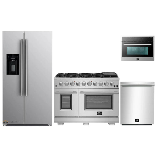 Forno 4-Piece Pro Appliance Package - 48-Inch Gas Range, Refrigerator with Water Dispenser, Microwave Oven, & 3-Rack Dishwasher in Stainless Steel FORNO