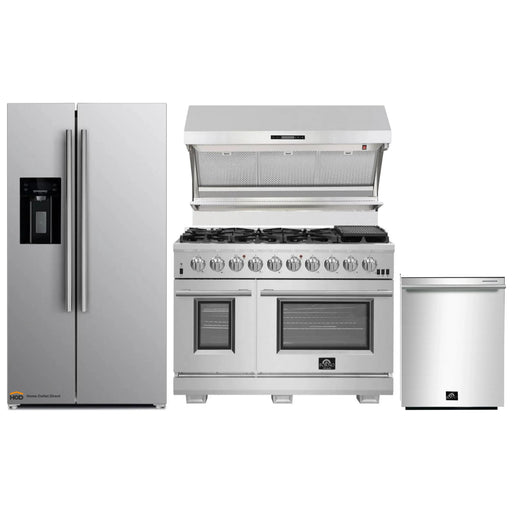 Forno 4-Piece Pro Appliance Package - 48-Inch Gas Range, Refrigerator with Water Dispenser, Wall Mount Hood with Backsplash, & 3-Rack Dishwasher in Stainless Steel FORNO