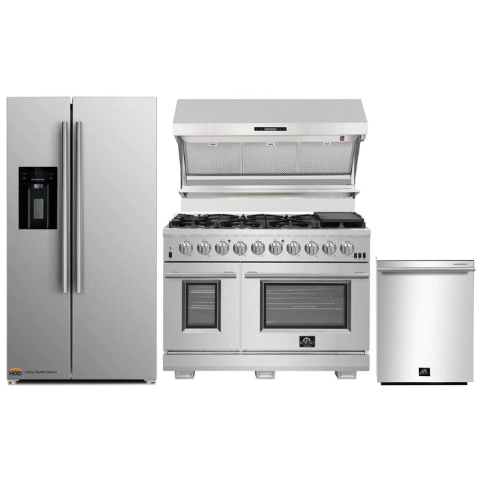 Forno 4-Piece Pro Appliance Package - 48-Inch Gas Range, Refrigerator with Water Dispenser, Wall Mount Hood with Backsplash, & 3-Rack Dishwasher in Stainless Steel FORNO