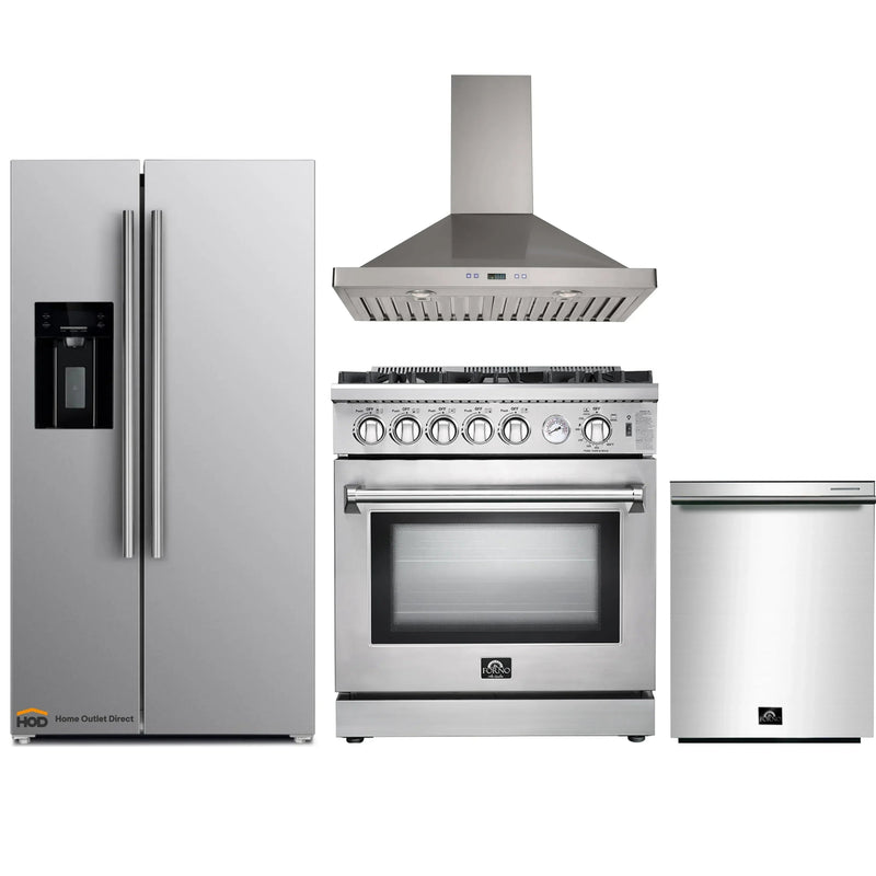 Forno 4-Piece Appliance Package - 30-Inch Gas Range, Refrigerator with Water Dispenser, Wall Mount Hood, & 3-Rack Dishwasher in Stainless Steel