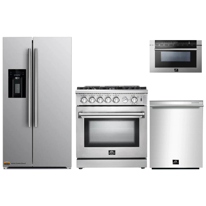 Forno 4-Piece Appliance Package - 30-Inch Gas Range, Refrigerator with Water Dispenser, Microwave Drawer, & 3-Rack Dishwasher in Stainless Steel FORNO