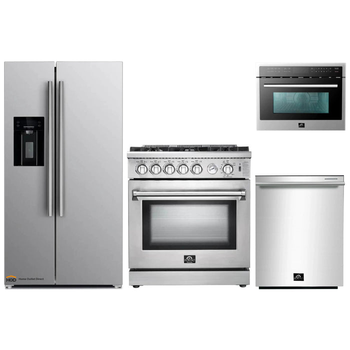 Forno 4-Piece Appliance Package - 30-Inch Gas Range, Refrigerator with Water Dispenser, Microwave Oven, & 3-Rack Dishwasher in Stainless Steel FORNO