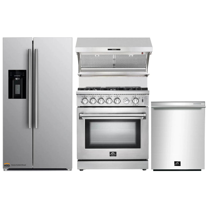 Forno 4-Piece Appliance Package - 30-Inch Gas Range, Refrigerator with Water Dispenser, Wall Mount Hood with Backsplash, & 3-Rack Dishwasher in Stainless Steel FORNO