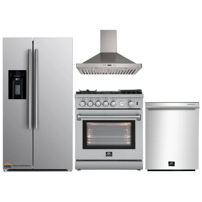 Forno 4-Piece Appliance Package - 30-Inch Gas Range with Air Fryer, Refrigerator with Water Dispenser, Wall Mount Hood, & 3-Rack Dishwasher in Stainless Steel FORNO