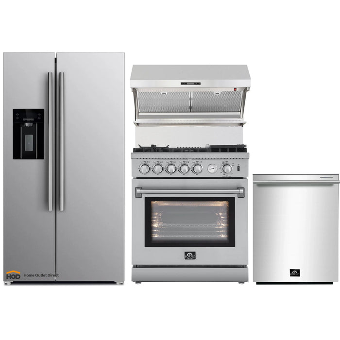 Forno 4-Piece Appliance Package - 30-Inch Gas Range with Air Fryer, Refrigerator with Water Dispenser, Wall Mount Hood with Backsplash, & 3-Rack Dishwasher in Stainless Steel FORNO