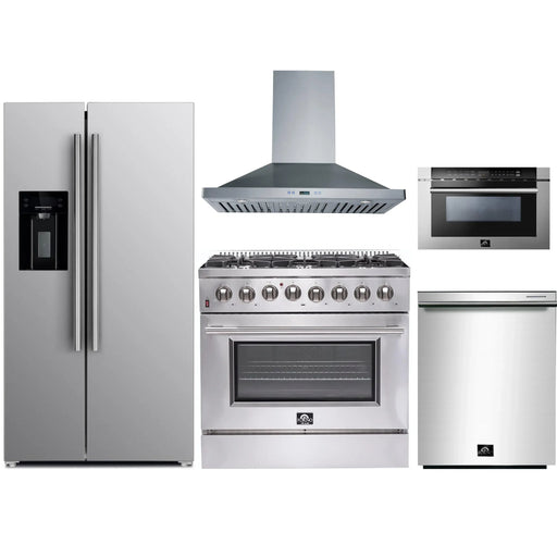 Forno 5-Piece Appliance Package - 36-Inch Dual Fuel Range, Refrigerator with Water Dispenser, Wall Mount Hood, Microwave Drawer, & 3-Rack Dishwasher in Stainless Steel FORNO