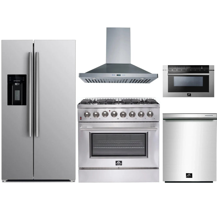 Forno 5-Piece Appliance Package - 36-Inch Dual Fuel Range, Refrigerator with Water Dispenser, Wall Mount Hood, Microwave Drawer, & 3-Rack Dishwasher in Stainless Steel FORNO