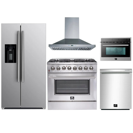 Forno 5-Piece Appliance Package - 36-Inch Dual Fuel Range, Refrigerator with Water Dispenser, Wall Mount Hood, Microwave Oven, & 3-Rack Dishwasher in Stainless Steel FORNO