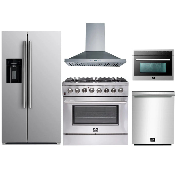 Forno 5-Piece Appliance Package - 36-Inch Dual Fuel Range, Refrigerator with Water Dispenser, Wall Mount Hood, Microwave Oven, & 3-Rack Dishwasher in Stainless Steel FORNO