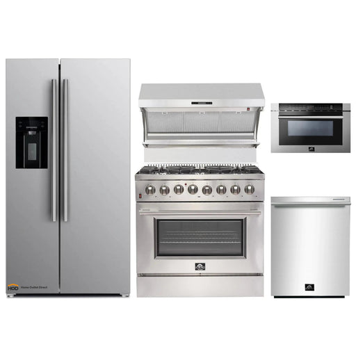 Forno 5-Piece Appliance Package - 36-Inch Dual Fuel Range, Refrigerator with Water Dispenser, Wall Mount Hood with Backsplash, Microwave Drawer, & 3-Rack Dishwasher in Stainless Steel FORNO