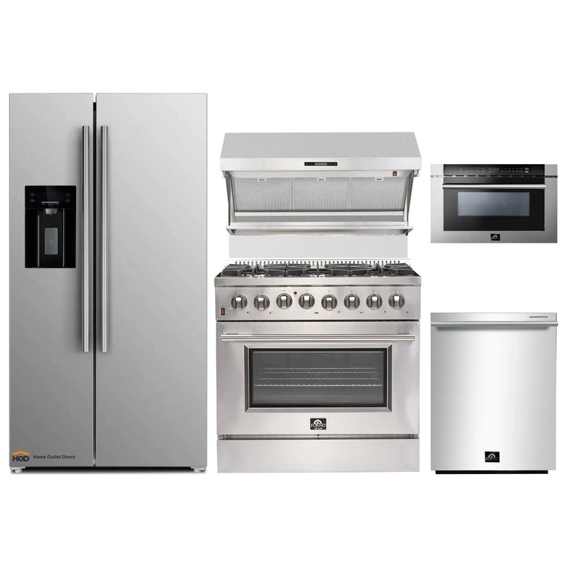 Forno 5-Piece Appliance Package - 36-Inch Dual Fuel Range, Refrigerator with Water Dispenser, Wall Mount Hood with Backsplash, Microwave Drawer, & 3-Rack Dishwasher in Stainless Steel