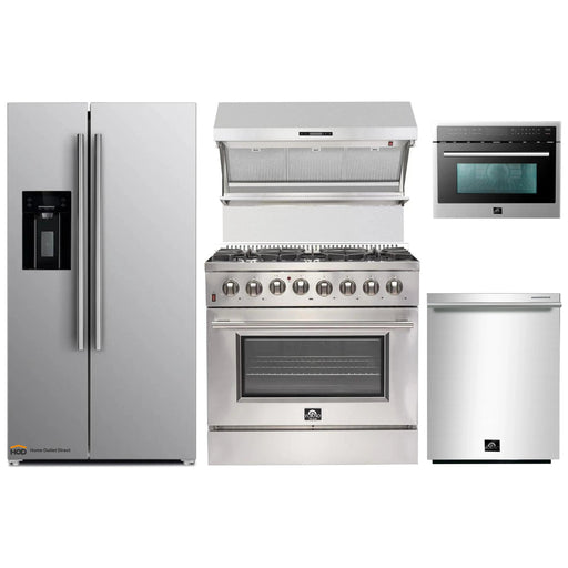 Forno 5-Piece Appliance Package - 36-Inch Dual Fuel Range, Refrigerator with Water Dispenser, Wall Mount Hood with Backsplash, Microwave Oven, & 3-Rack Dishwasher in Stainless Steel FORNO