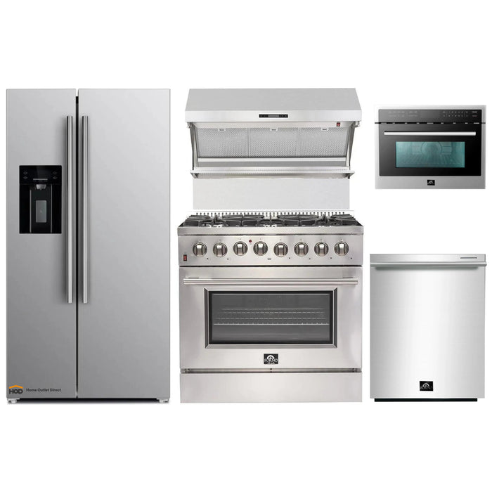 Forno 5-Piece Appliance Package - 36-Inch Dual Fuel Range, Refrigerator with Water Dispenser, Wall Mount Hood with Backsplash, Microwave Oven, & 3-Rack Dishwasher in Stainless Steel FORNO
