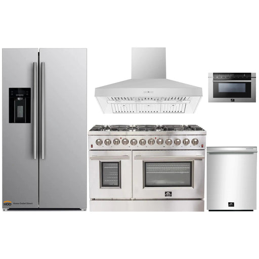 Forno 5-Piece Appliance Package - 48-Inch Dual Fuel Range, Refrigerator with Water Dispenser, Wall Mount Hood, Microwave Drawer, & 3-Rack Dishwasher in Stainless Steel FORNO