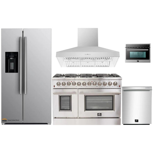 Forno 5-Piece Appliance Package - 48-Inch Dual Fuel Range, Refrigerator with Water Dispenser, Wall Mount Hood, Microwave Oven, & 3-Rack Dishwasher in Stainless Steel FORNO