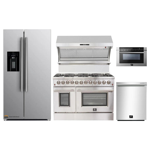 Forno 5-Piece Appliance Package - 48-Inch Dual Fuel Range, Refrigerator with Water Dispenser, Wall Mount Hood with Backsplash, Microwave Drawer, & 3-Rack Dishwasher in Stainless Steel FORNO