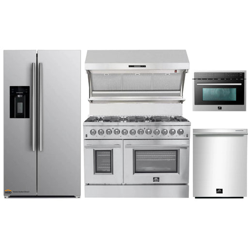 Forno 5-Piece Appliance Package - 48-Inch Dual Fuel Range, Refrigerator with Water Dispenser, Wall Mount Hood with Backsplash, Microwave Oven, & 3-Rack Dishwasher in Stainless Steel FORNO