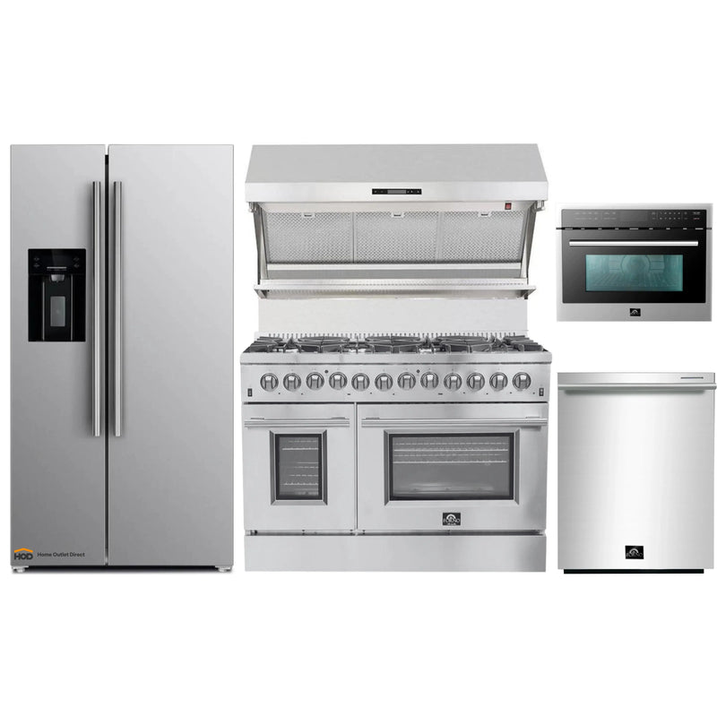 Forno 5-Piece Appliance Package - 48-Inch Dual Fuel Range, Refrigerator with Water Dispenser, Wall Mount Hood with Backsplash, Microwave Oven, & 3-Rack Dishwasher in Stainless Steel
