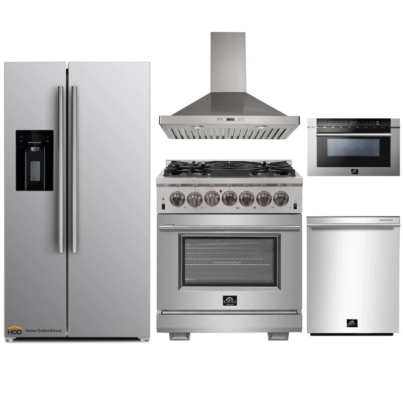 Forno 5-Piece Pro Appliance Package - 30-Inch Dual Fuel Range, Refrigerator with Water Dispenser, Wall Mount Hood, Microwave Drawer, & 3-Rack Dishwasher in Stainless Steel