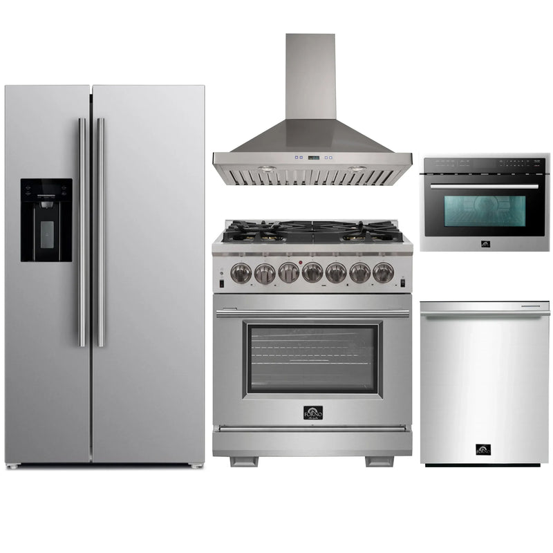 Forno 5-Piece Pro Appliance Package - 30-Inch Dual Fuel Range, Refrigerator with Water Dispenser, Wall Mount Hood, Microwave Oven, & 3-Rack Dishwasher in Stainless Steel