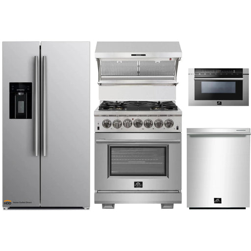 Forno 5-Piece Pro Appliance Package - 30-Inch Dual Fuel Range, Refrigerator with Water Dispenser, Wall Mount Hood with Backsplash, Microwave Drawer, & 3-Rack Dishwasher in Stainless Steel FORNO
