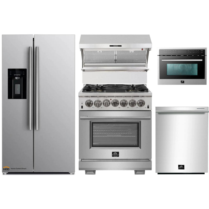 Forno 5-Piece Pro Appliance Package - 30-Inch Dual Fuel Range, Refrigerator with Water Dispenser, Wall Mount Hood with Backsplash, Microwave Oven, & 3-Rack Dishwasher in Stainless Steel
