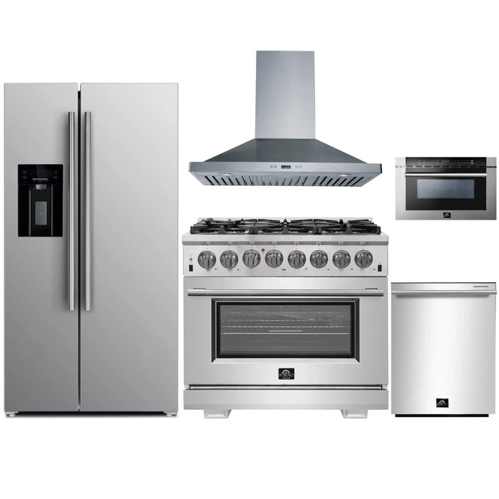 Forno 5-Piece Pro Appliance Package - 36-Inch Dual Fuel Range, Refrigerator with Water Dispenser, Wall Mount Hood, Microwave Drawer, & 3-Rack Dishwasher in Stainless Steel FORNO