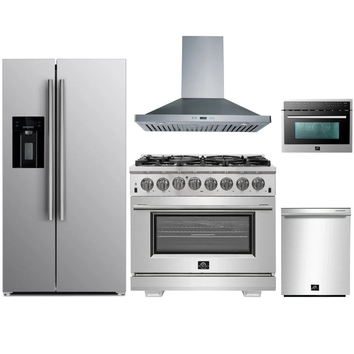 Forno 5-Piece Pro Appliance Package - 36-Inch Dual Fuel Range, Refrigerator with Water Dispenser, Wall Mount Hood, Microwave Oven, & 3-Rack Dishwasher in Stainless Steel FORNO