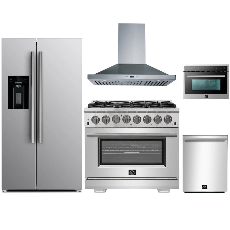 Forno 5-Piece Pro Appliance Package - 36-Inch Dual Fuel Range, Refrigerator with Water Dispenser, Wall Mount Hood, Microwave Oven, & 3-Rack Dishwasher in Stainless Steel