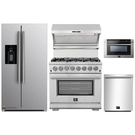 Forno 5-Piece Pro Appliance Package - 36-Inch Dual Fuel Range, Refrigerator with Water Dispenser, Wall Mount Hood with Backsplash, Microwave Drawer, & 3-Rack Dishwasher in Stainless Steel FORNO
