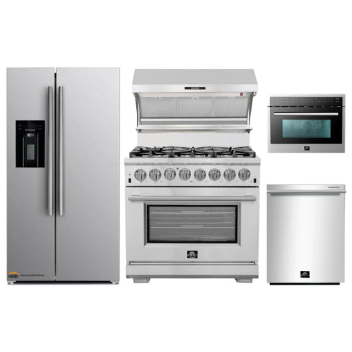 Forno 5-Piece Pro Appliance Package - 36-Inch Dual Fuel Range, Refrigerator with Water Dispenser, Wall Mount Hood with Backsplash, Microwave Oven, & 3-Rack Dishwasher in Stainless Steel FORNO