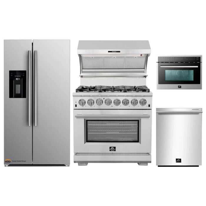Forno 5-Piece Pro Appliance Package - 36-Inch Dual Fuel Range, Refrigerator with Water Dispenser, Wall Mount Hood with Backsplash, Microwave Oven, & 3-Rack Dishwasher in Stainless Steel FORNO