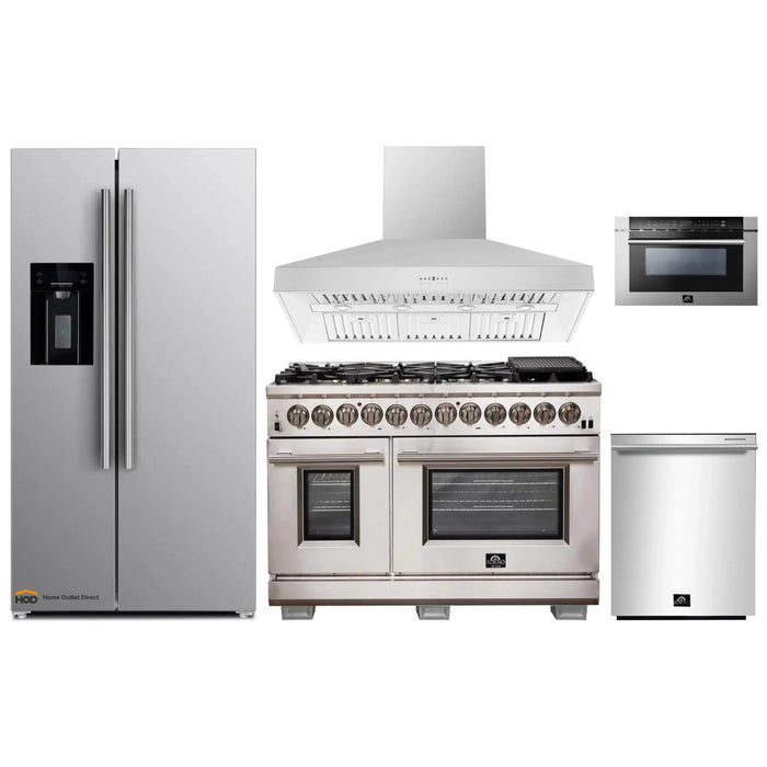 Forno 5-Piece Pro Appliance Package - 48-Inch Dual Fuel Range, Refrigerator with Water Dispenser, Wall Mount Hood, Microwave Drawer, & 3-Rack Dishwasher in Stainless Steel FORNO