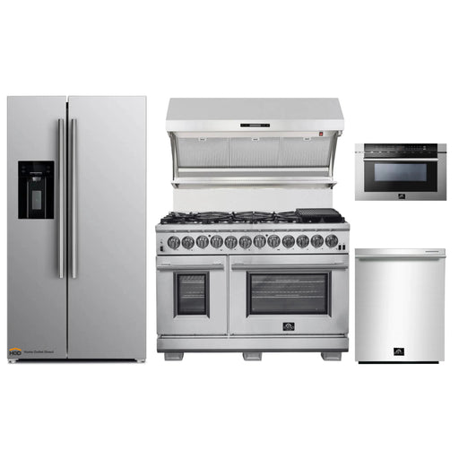 Forno 5-Piece Pro Appliance Package - 48-Inch Dual Fuel Range, Refrigerator with Water Dispenser, Wall Mount Hood with Backsplash, Microwave Drawer, & 3-Rack Dishwasher in Stainless Steel FORNO