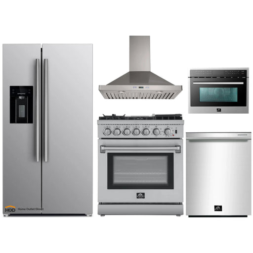 Forno 5-Piece Appliance Package - 30-Inch Dual Fuel Range with Air Fryer, Refrigerator with Water Dispenser, Wall Mount Hood, Microwave Drawer, & 3-Rack Dishwasher in Stainless Steel FORNO