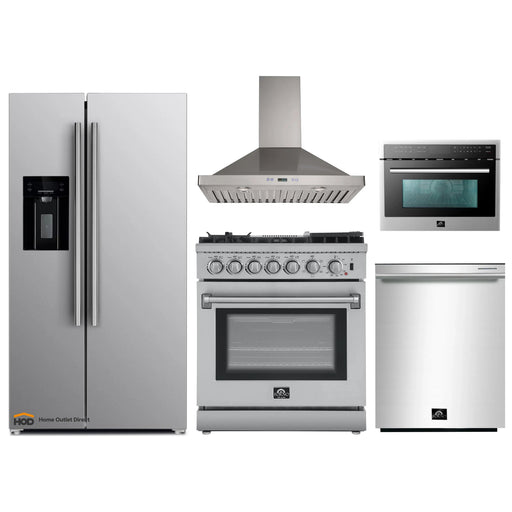 Forno 5-Piece Appliance Package - 30-Inch Dual Fuel Range with Air Fryer, Refrigerator with Water Dispenser, Wall Mount Hood, Microwave Oven, & 3-Rack Dishwasher in Stainless Steel FORNO