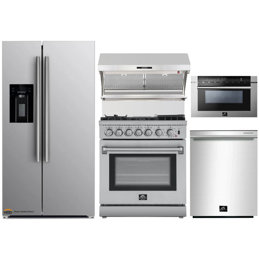 Forno 5-Piece Appliance Package - 30-Inch Dual Fuel Range with Air Fryer, Refrigerator with Water Dispenser, Wall Mount Hood with Backsplash, Microwave Drawer, & 3-Rack Dishwasher in Stainless Steel FORNO