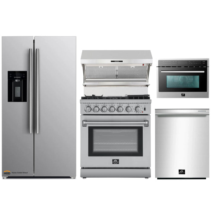 Forno 5-Piece Appliance Package - 30-Inch Dual Fuel Range with Air Fryer, Refrigerator with Water Dispenser, Wall Mount Hood with Backsplash, Microwave Oven, & 3-Rack Dishwasher in Stainless Steel FORNO