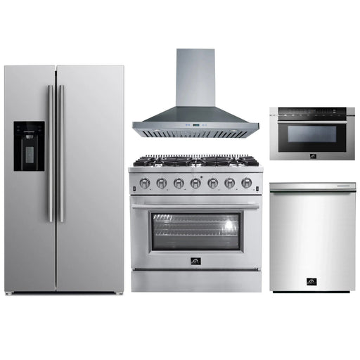 Forno 5-Piece Appliance Package - 36-Inch Gas Range, Refrigerator with Water Dispenser, Wall Mount Hood, Microwave Drawer, & 3-Rack Dishwasher in Stainless Steel FORNO