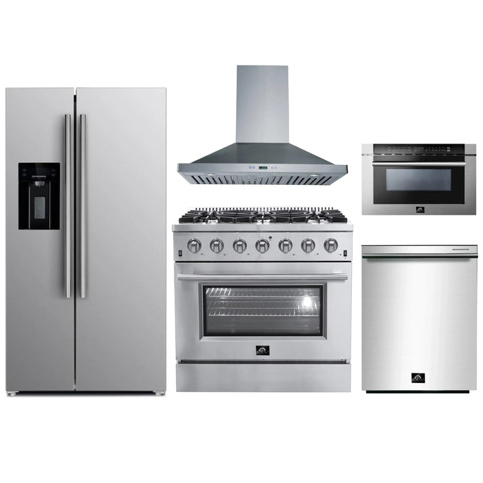 Forno 5-Piece Appliance Package - 36-Inch Gas Range, Refrigerator with Water Dispenser, Wall Mount Hood, Microwave Drawer, & 3-Rack Dishwasher in Stainless Steel FORNO