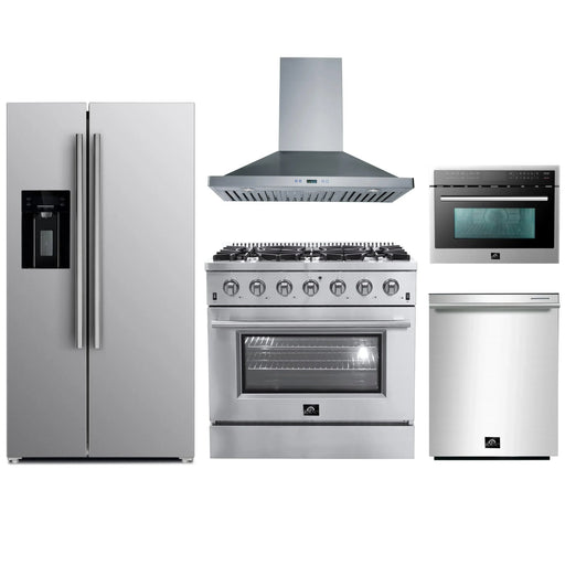 Forno 5-Piece Appliance Package - 36-Inch Gas Range, Refrigerator with Water Dispenser, Wall Mount Hood, Microwave Oven, & 3-Rack Dishwasher in Stainless Steel FORNO