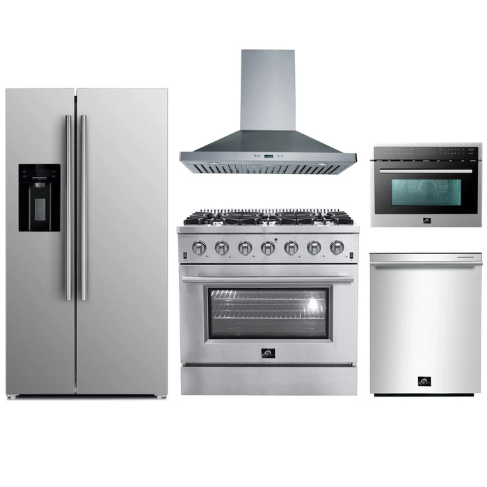 Forno 5-Piece Appliance Package - 36-Inch Gas Range, Refrigerator with Water Dispenser, Wall Mount Hood, Microwave Oven, & 3-Rack Dishwasher in Stainless Steel FORNO